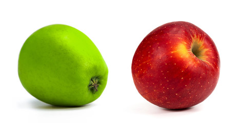 green apple  and red apple on a white background