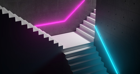 White Lightened Stairs In Different Directions With Futuristic Vibrant Neon Tube Lights And Concrete Cement Walls In Dark Room 3D Rendering
