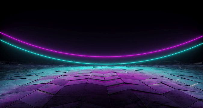 Futuristic Sci-Fi Arc Shaped Neon Tube Vibrant Purple And Blue Glowing Lights On Reflective Tilted Rough Concrete Surface In Dark Room Empty Space 3D Rendering