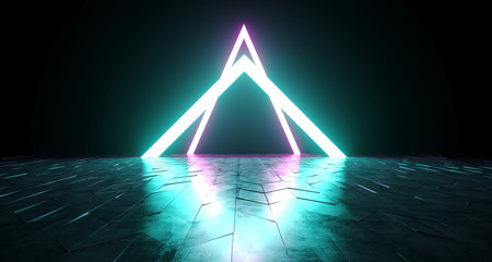 Futuristic Sci-Fi Triangle Shaped Neon Tube Vibrant Purple And Blue Glowing Lights On Reflective Tilted Rough Concrete Surface In Dark Room Empty Space 3D Rendering