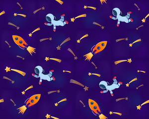 Seamless pattern with astronauts, rocket, planets and falling stars. Kids pattern.
