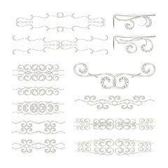 Set vector black lines on white background floral patterns dividers, corners, monograms retro nature ornament.