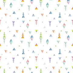 Seamless watercolor geometry texture of little bright triangles on a white background