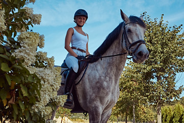 Obraz premium Female jockey on dapple gray horse walking through the flowering garden.