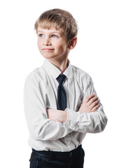 Little child, boy in business suit, businessman. Background is isolated.
