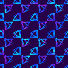 seamless pattern brush triangles . Blue color on violet background. Hand painted grange texture. Ink geometric elements. Fashion modern style. Endless fantasy plaid fabric print. Watercolor