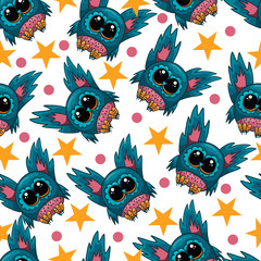 Seamless pattern with cute vector owl in cartoon style