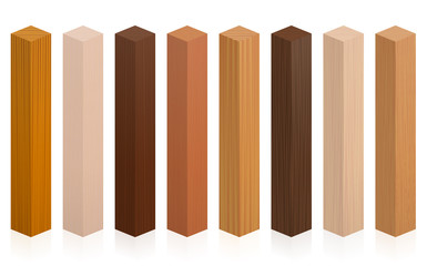 Wood samples. Wooden blocks, posts or sticks with different textures, colors, glazes, from various trees to choose. Isolated vector illustration on white background.