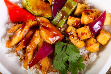 Wok with rice, cheese and tofu