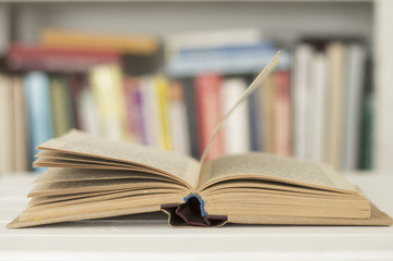 Opened book on the background of books. Reading. Literature.