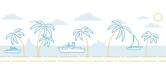 Fototapeta na wymiar A simple minimalistic seascape with palm trees by the sea and ships