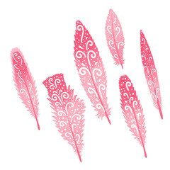 Flamingo feather pink hand drawn swirls. Vector illustration isolated on white.