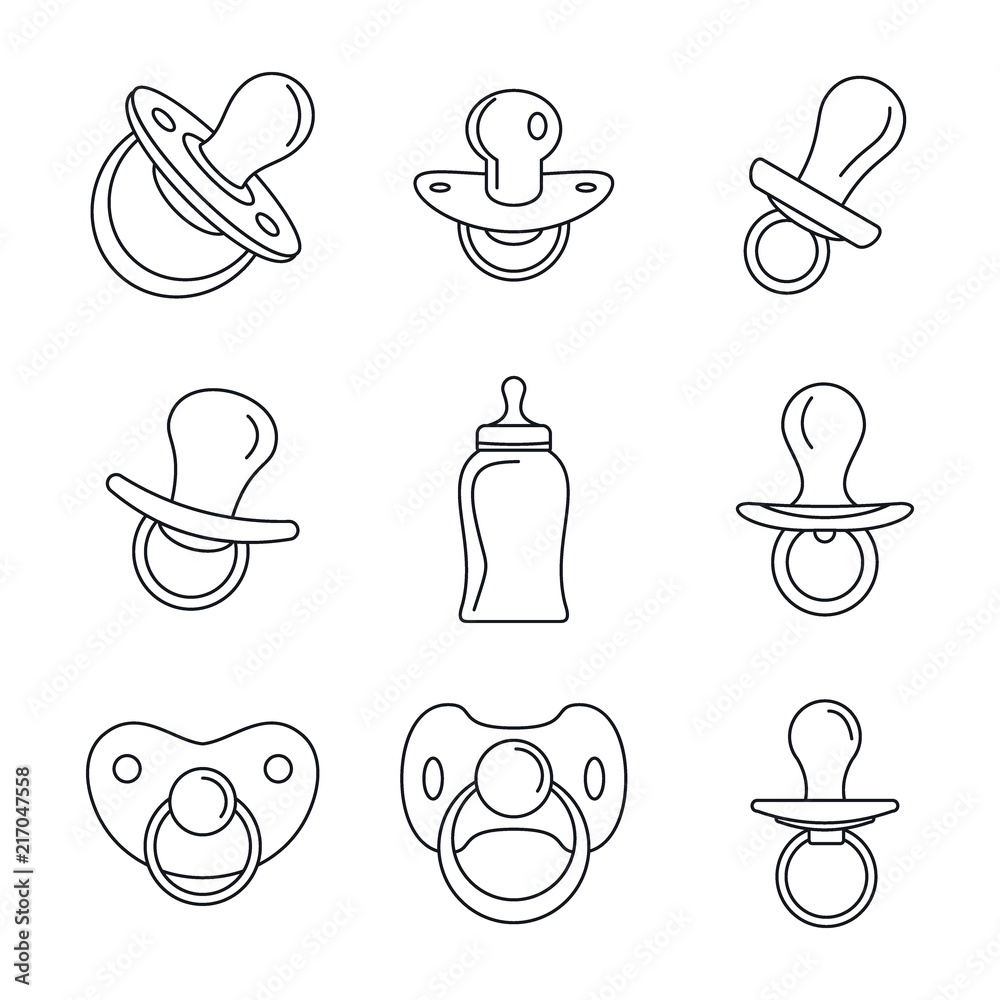 Sticker Pacifier baby dummy care nipple newborn child icons set. Outline illustration of 9 pacifier baby dummy care nipple newborn child vector icons for web