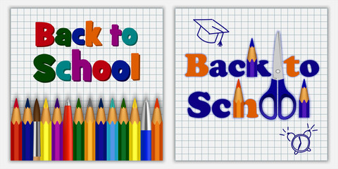 Back to school kids tools supplies banner concept set. Realistic illustration of 2 back to school kids tools supplies vector banner concepts for web
