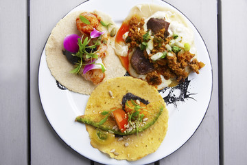 Taco sampler with beef, shrimp and vegetables