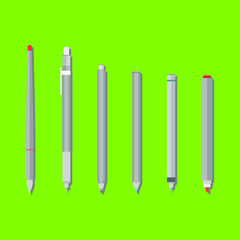 A set of pens on a green background. All the equipment that architect or engineer could need. Pen, marker, felt pen, pencil, radiograph, versatile, artpen.