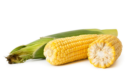 Ripe corn heads in cob and peeled close-up on a white, isolated.