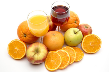sweet juice and fruits on white background