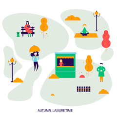Vector illustration of people in autumn park doing leisure activities. Fall mood.