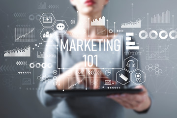 Marketing 101 with business woman using a tablet computer