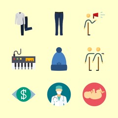 human vector icons set. newborn, winter hat, shirt and trousers and trust in this set
