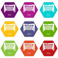 Goal soccer icons 9 set coloful isolated on white for web