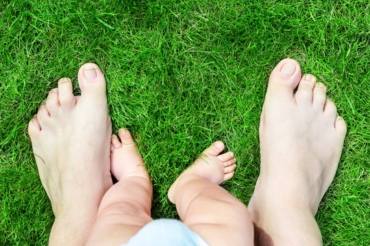 Father And Son Bare Feet On Green Grass Lawn At Park. Parent With Baby Boy Making First Steps In Life.Child Exploring And Discovering Nature With Help Of Dad. View From Above