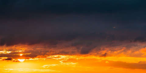 Sunrise Sunset Sunrise Sky. Bright Dramatic Sky With Clouds. Yellow