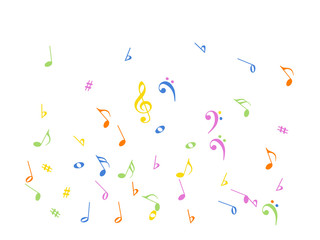 Music Notes Confetti Falling Chaos Vector. Music Symbols Texture Poster Background Elements. Party Night, Festival, Celebration or Concert, Melody Notes Trail. Decorative Song Sheets Chaos Effect.