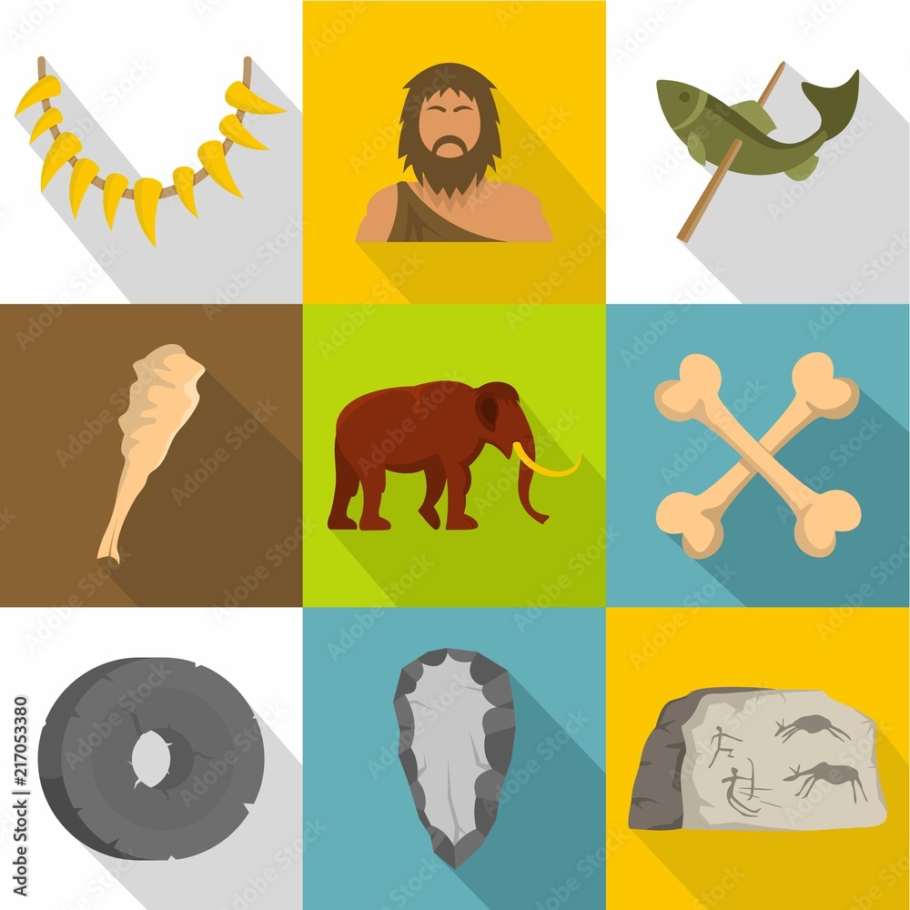 Wall mural prehistoric way icons set. flat set of 9 prehistoric way vector icons for web isolated on white back