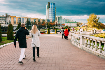 Minsk, Belarus. Belarussian People Walking In District Nyamiha