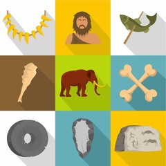 Prehistoric way icons set. Flat set of 9 Prehistoric way vector icons for web isolated on white background