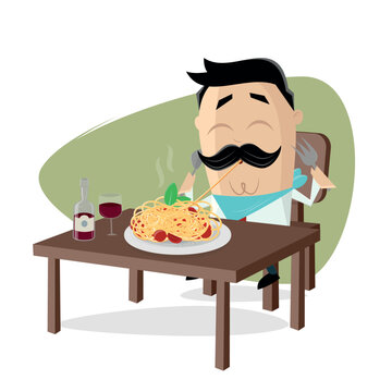 funny cartoon man eating delicious spaghetti