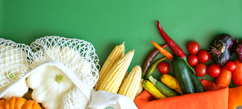 zero waste shooping with texlile bags on green background. baner