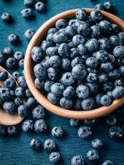 Blueberries with bowls and a spoon.