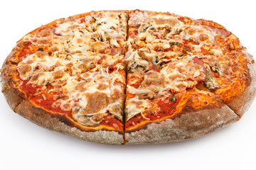 cut Pizza close up with cheese ham and tomato on a white stone background