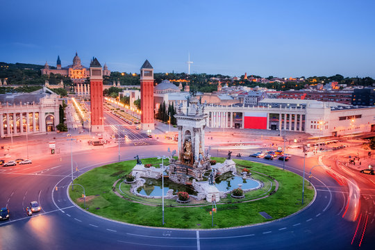 Barcelona, Spain. Majestic view on Placa Espanya and Montjuic Hill with National Art Museum of Catalonia.