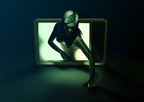 Girl Coming Out Of Tv. 3d Illustration