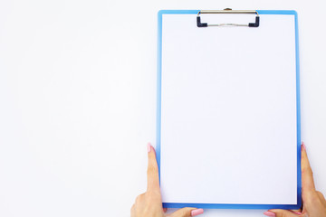 Blank Folder with White Paper. Hand that Holding Folder and Handle on White Background. Copyspace. Place for Text