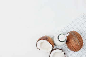 Fresh organic coconut milk in a tube bottle, coconut milkshake,