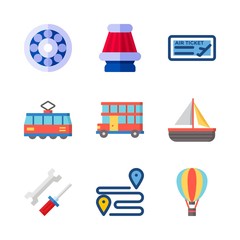 transportation vector icons set. air filter, mechanics, tram and hot air balloon in this set