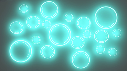 3d illustration of neon blue bubbles on grey background