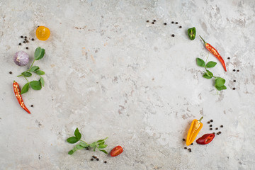Selection of spices herbs and greens. Ingredients for cooking. Food background