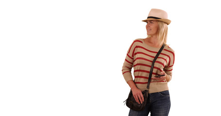 Fashionable female hipster with smartphone enjoying herself on white background