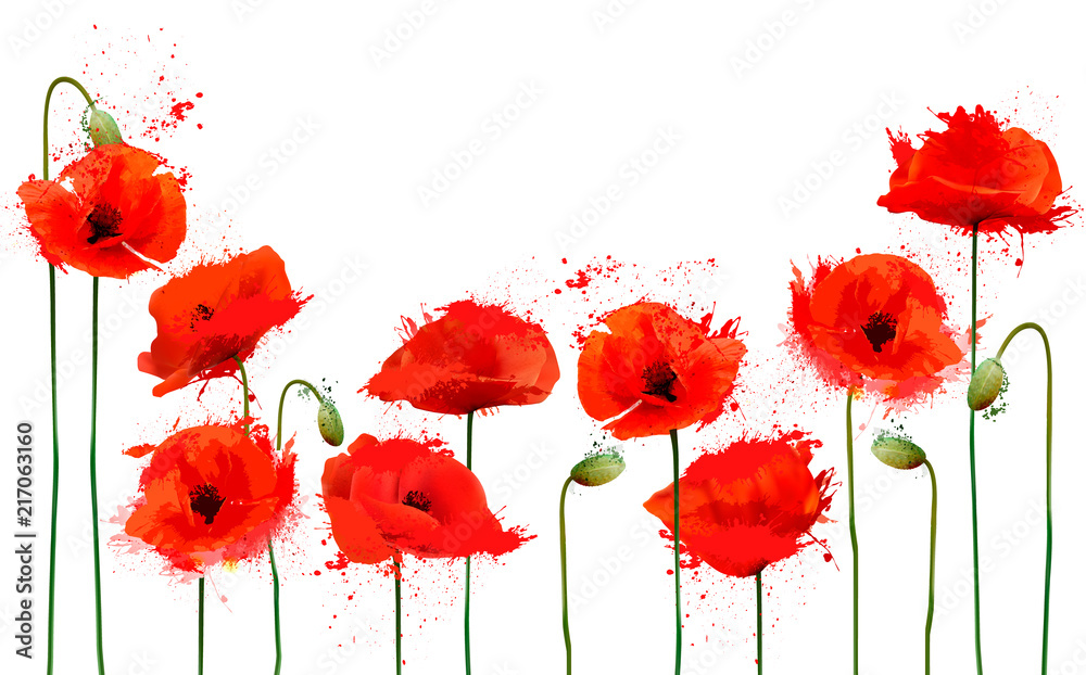 Poster beautiful abstract background with red poppies flowers. vector.