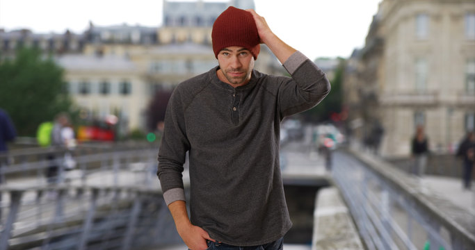 Casual Portrait Of Cool And Handsome Caucasian Guy On Paris Street