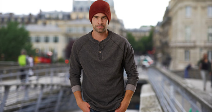 Casual Portrait Of Cool And Handsome Caucasian Guy On Paris Street