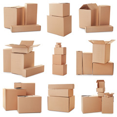 Collection of various cardboard boxes on white background