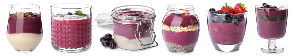 Set with delicious acai smoothie on white background