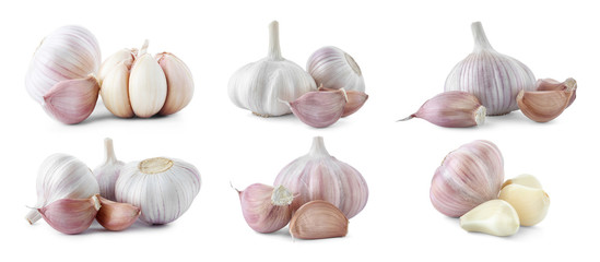 Set of different garlic bulbs and cloves on white background